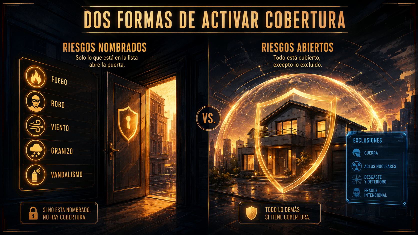Infografía que compara riesgos nombrados y riesgos abiertos en una póliza de seguro