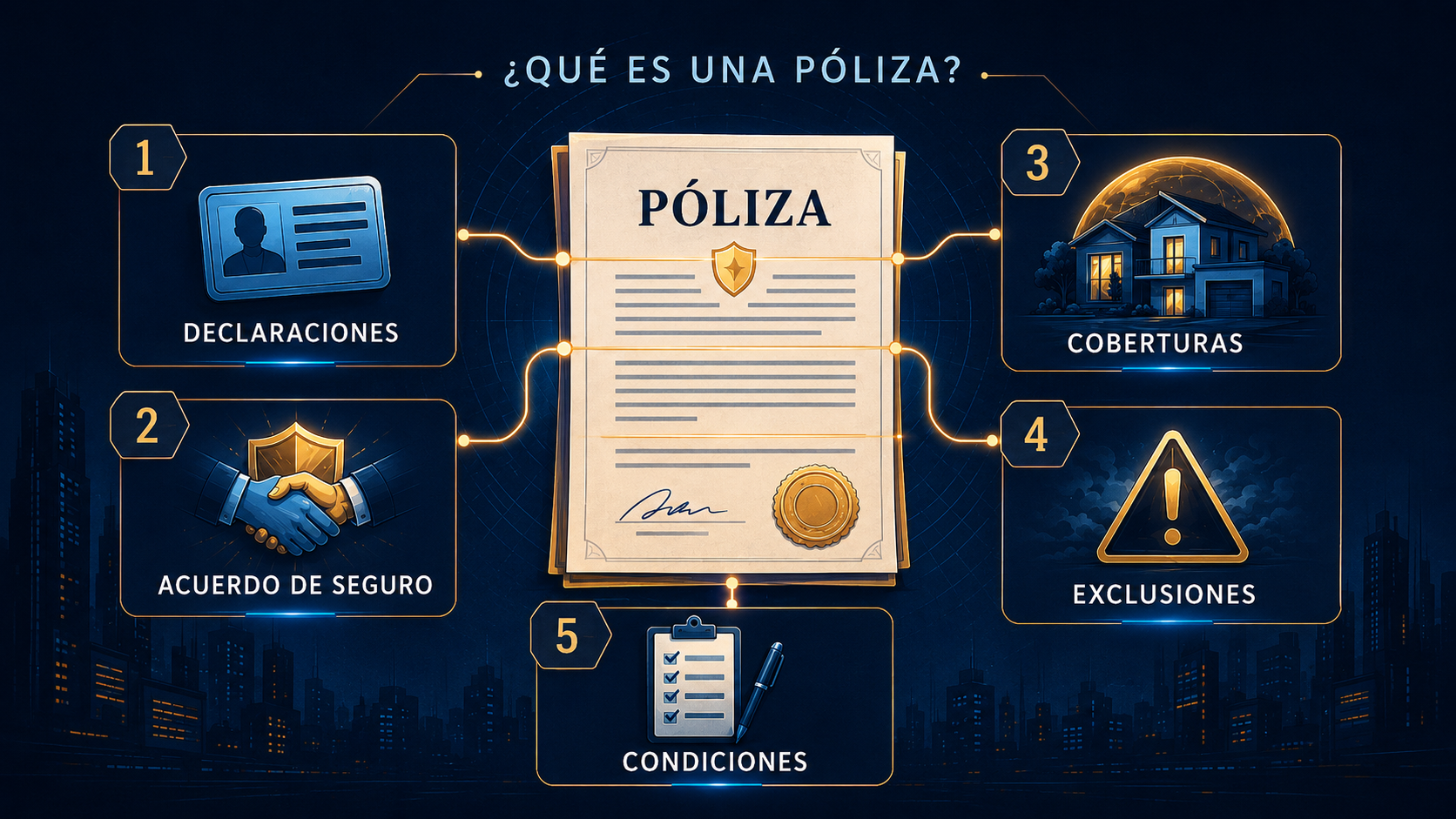 Infografía que explica las partes básicas de una póliza: declaraciones, acuerdo, condiciones y exclusiones