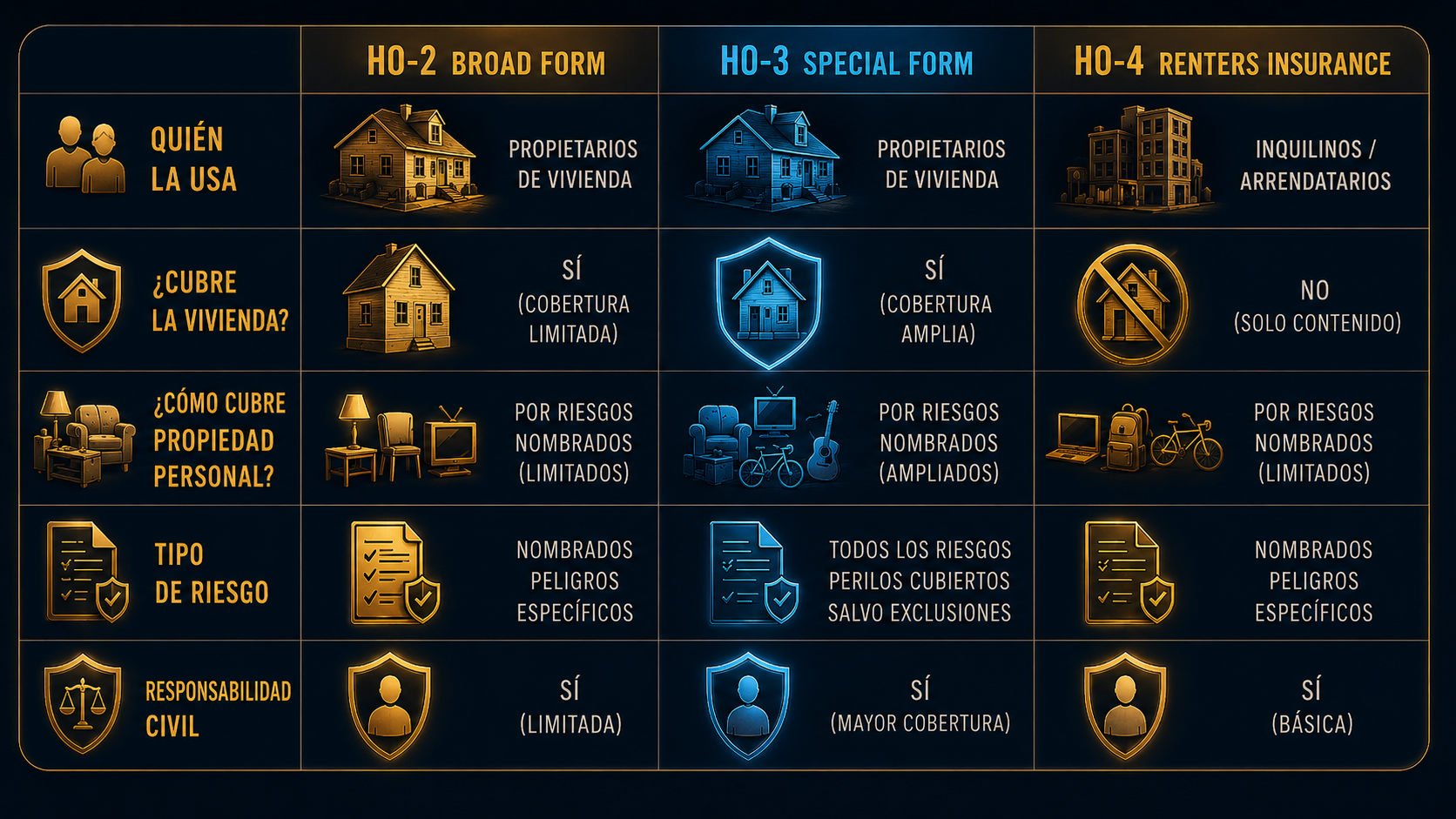 Infografía comparativa de las pólizas HO-2, HO-3 y HO-4