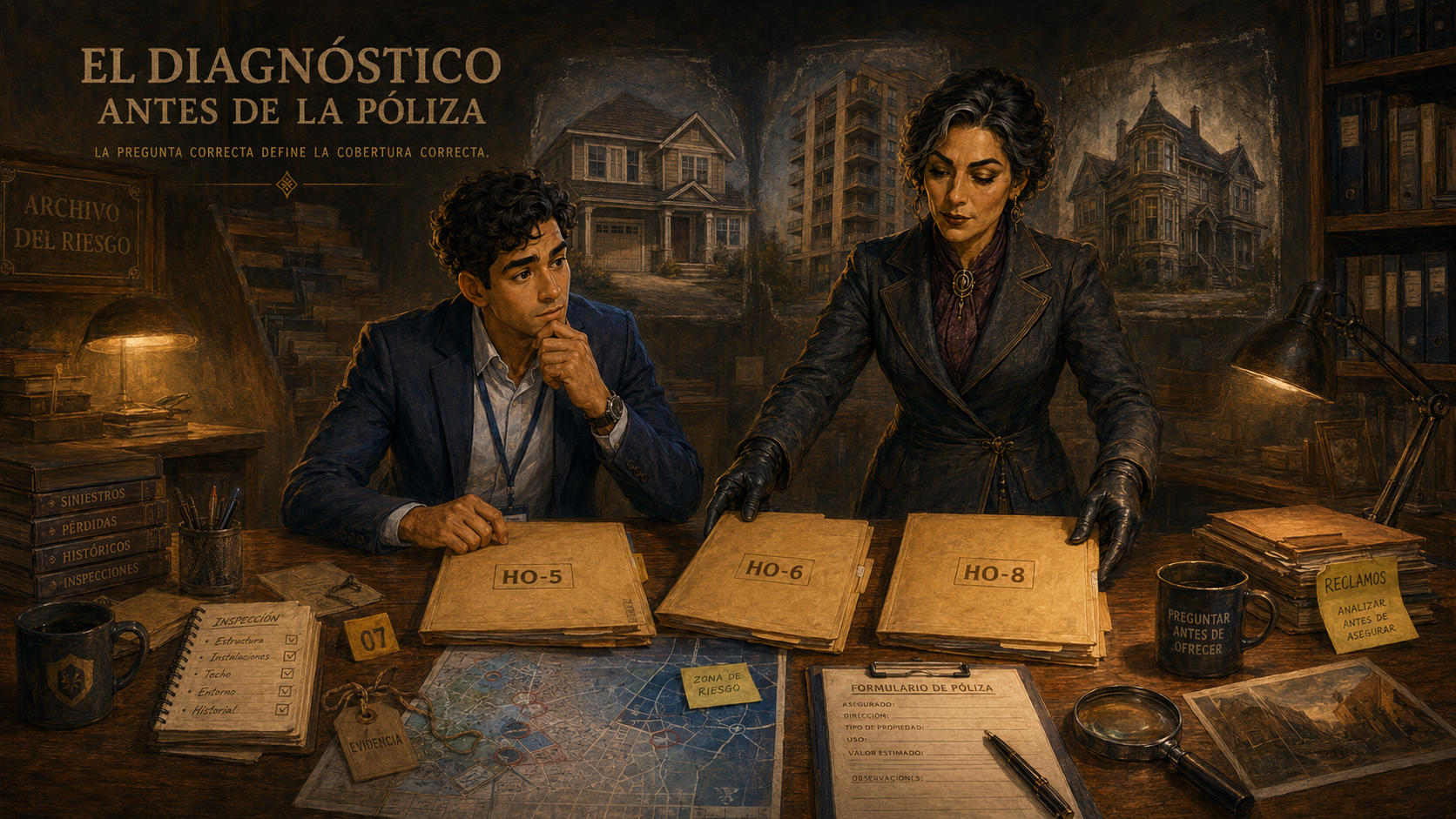 Alex Rivera revisa expedientes HO-5, HO-6 y HO-8 frente a La Ajustadora en el Archivo del Riesgo