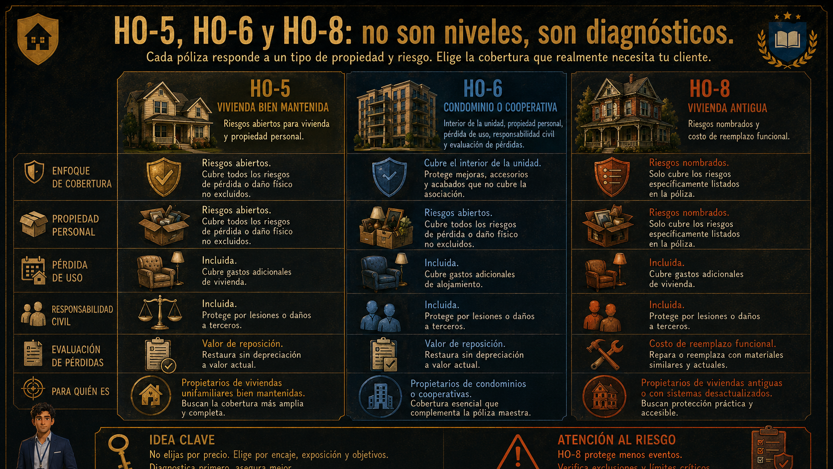 Infografía comparativa de las pólizas HO-5, HO-6 y HO-8
