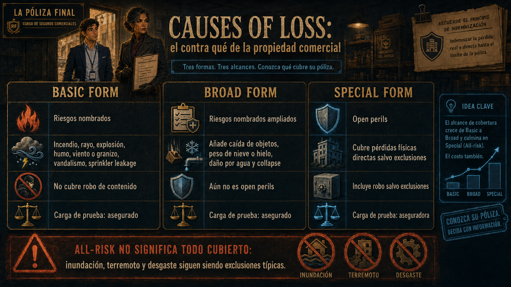 Infografía sobre Causes of Loss Basic Broad y Special