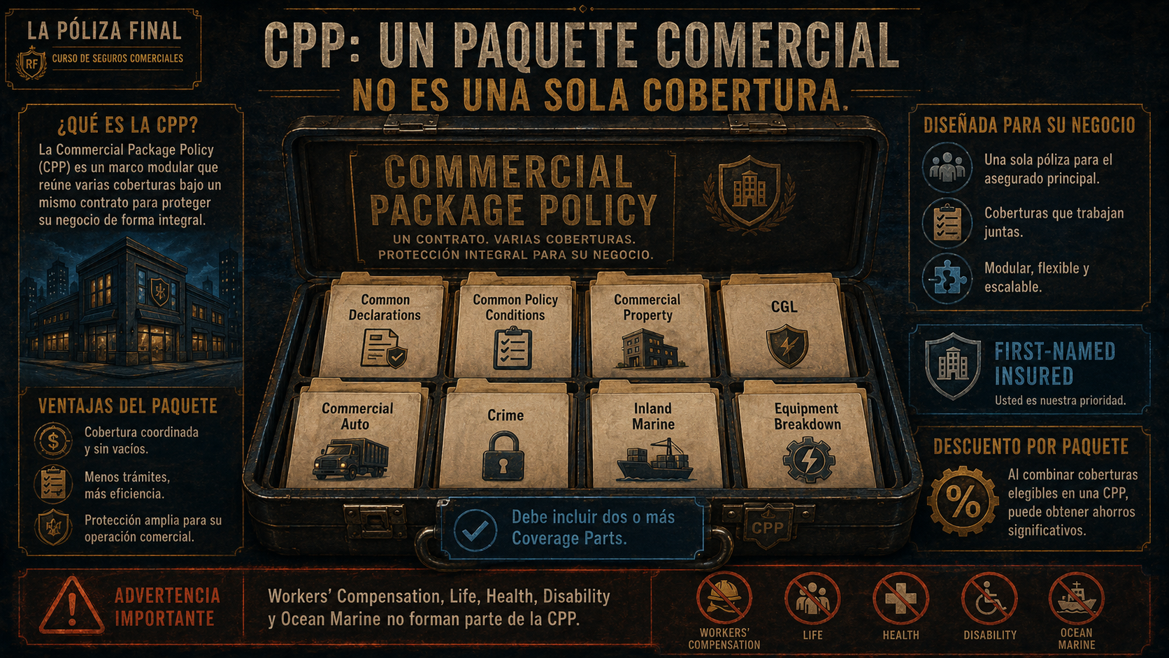 Infografía sobre Commercial Package Policy como contenedor modular de coberturas comerciales