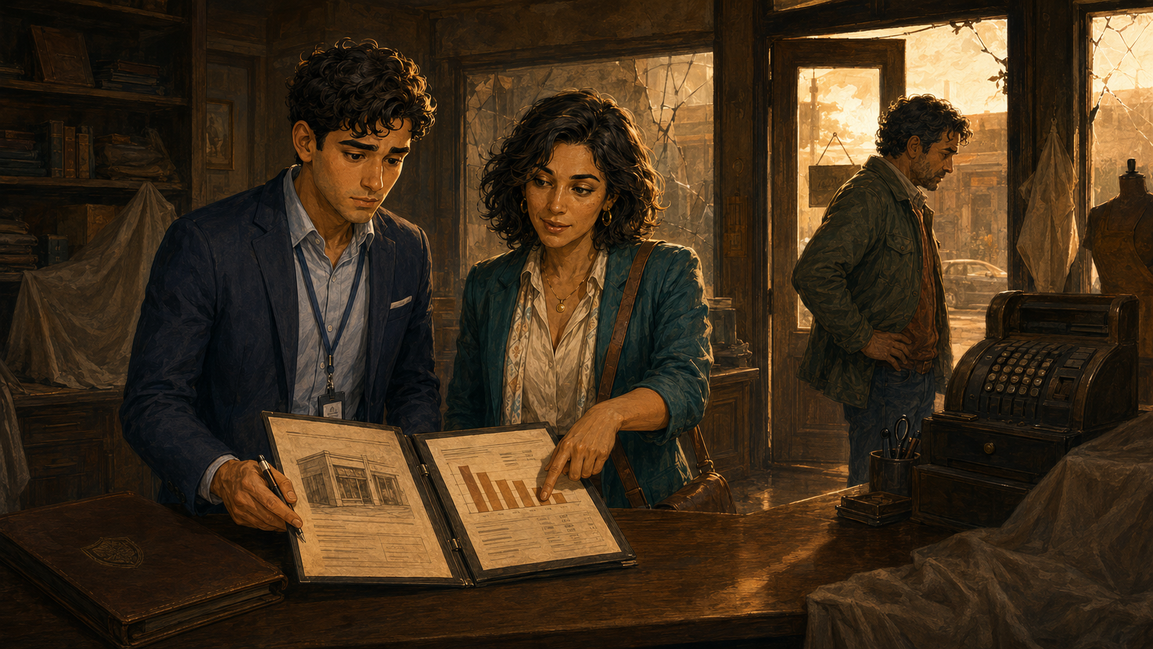 Negocio cerrado tras un siniestro, con Alex y Luna revisando una póliza comercial