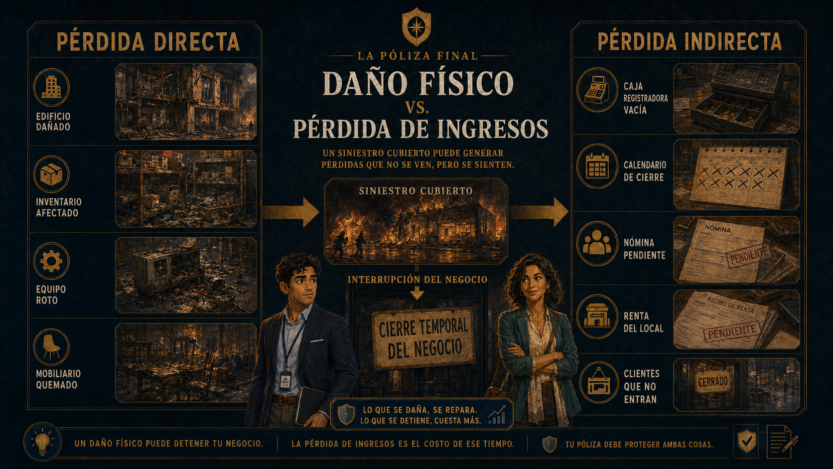 Infografía comparando pérdida directa de propiedad y pérdida indirecta de ingresos