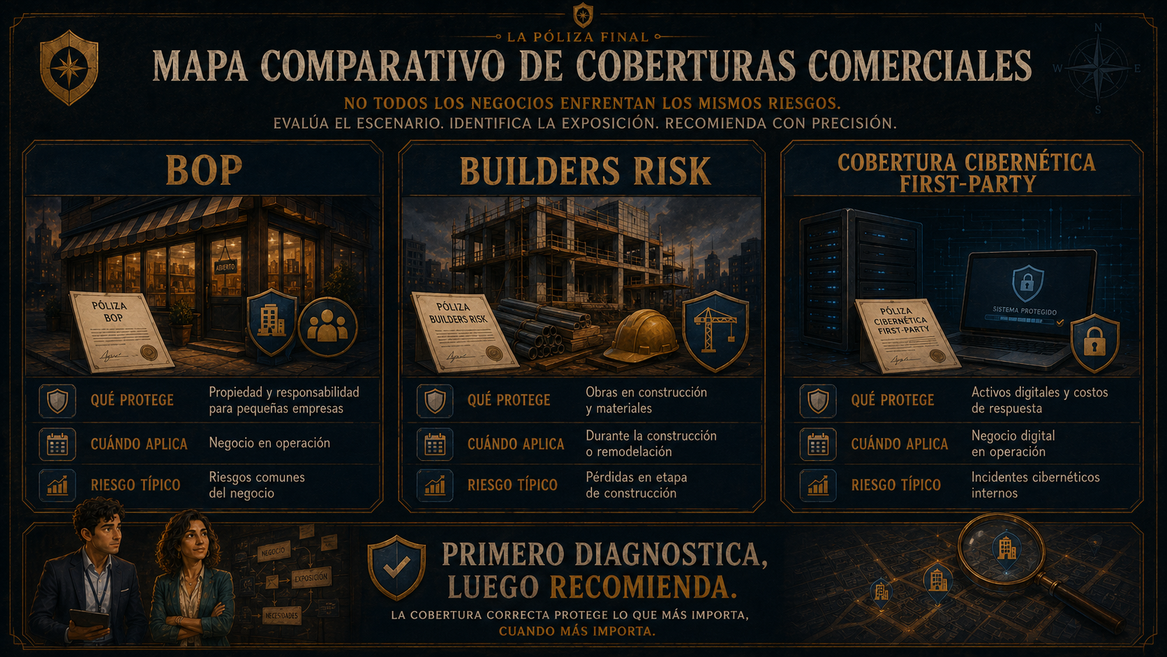 Infografía comparativa entre BOP, Builders Risk y Cyber First-Party Coverage