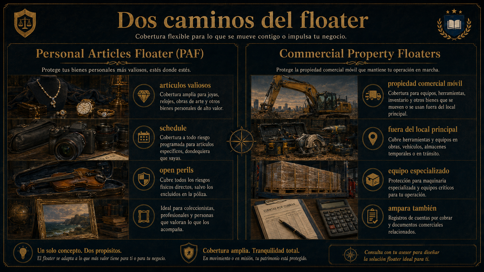Infografía comparativa entre Personal Articles Floater y Commercial Property Floaters.