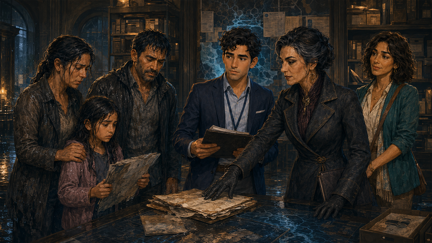 Alex, Luna y La Ajustadora reciben a una familia afectada por inundación en el Archivo del Riesgo