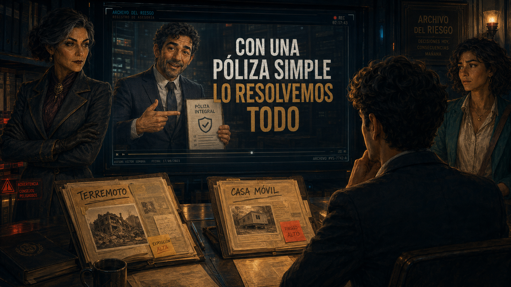 Alex revisa expedientes de riesgos especializados de propiedad en el Archivo del Riesgo