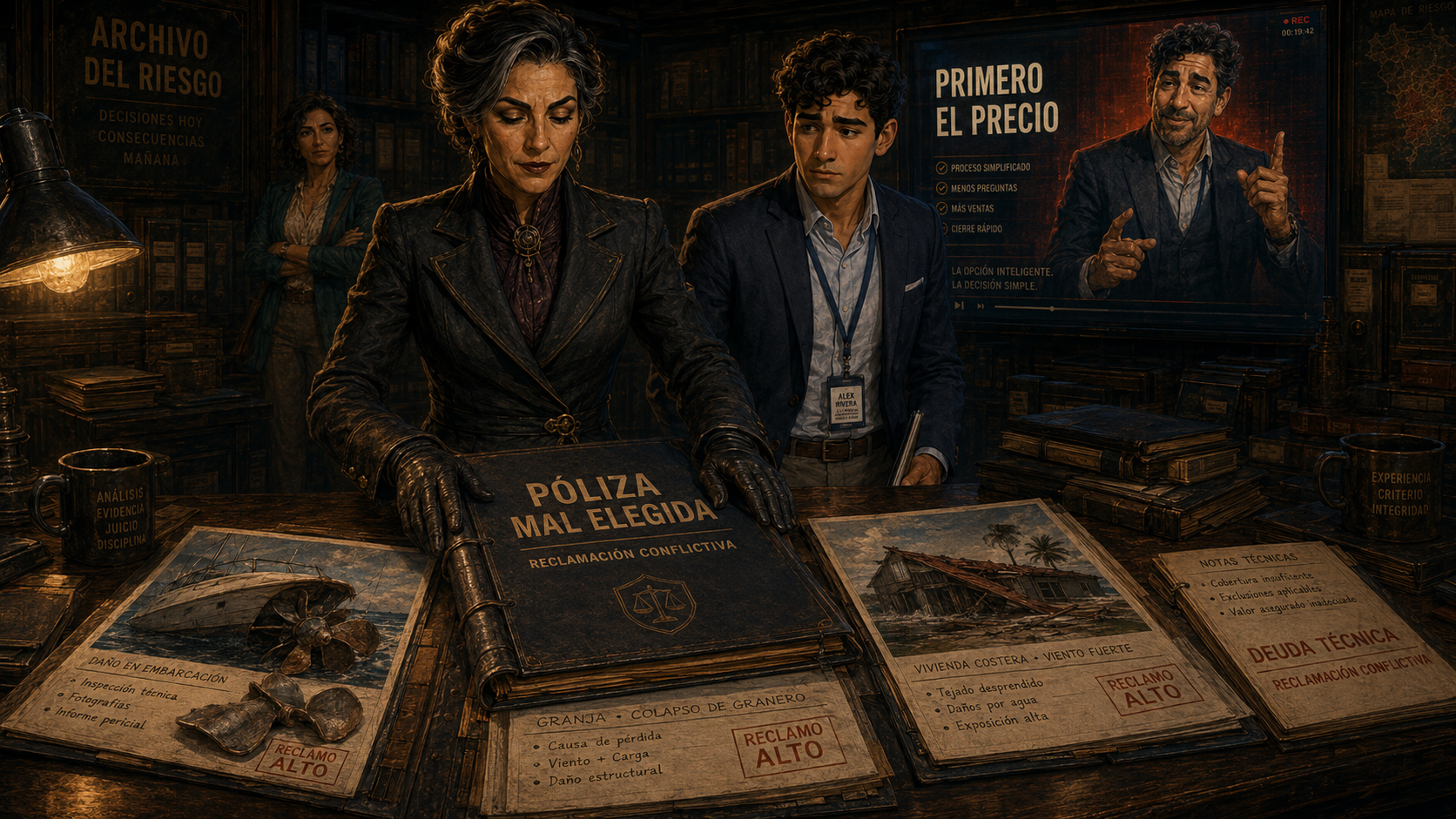 Alex observa la grabación de Víctor mientras La Ajustadora muestra expedientes de pólizas especializadas