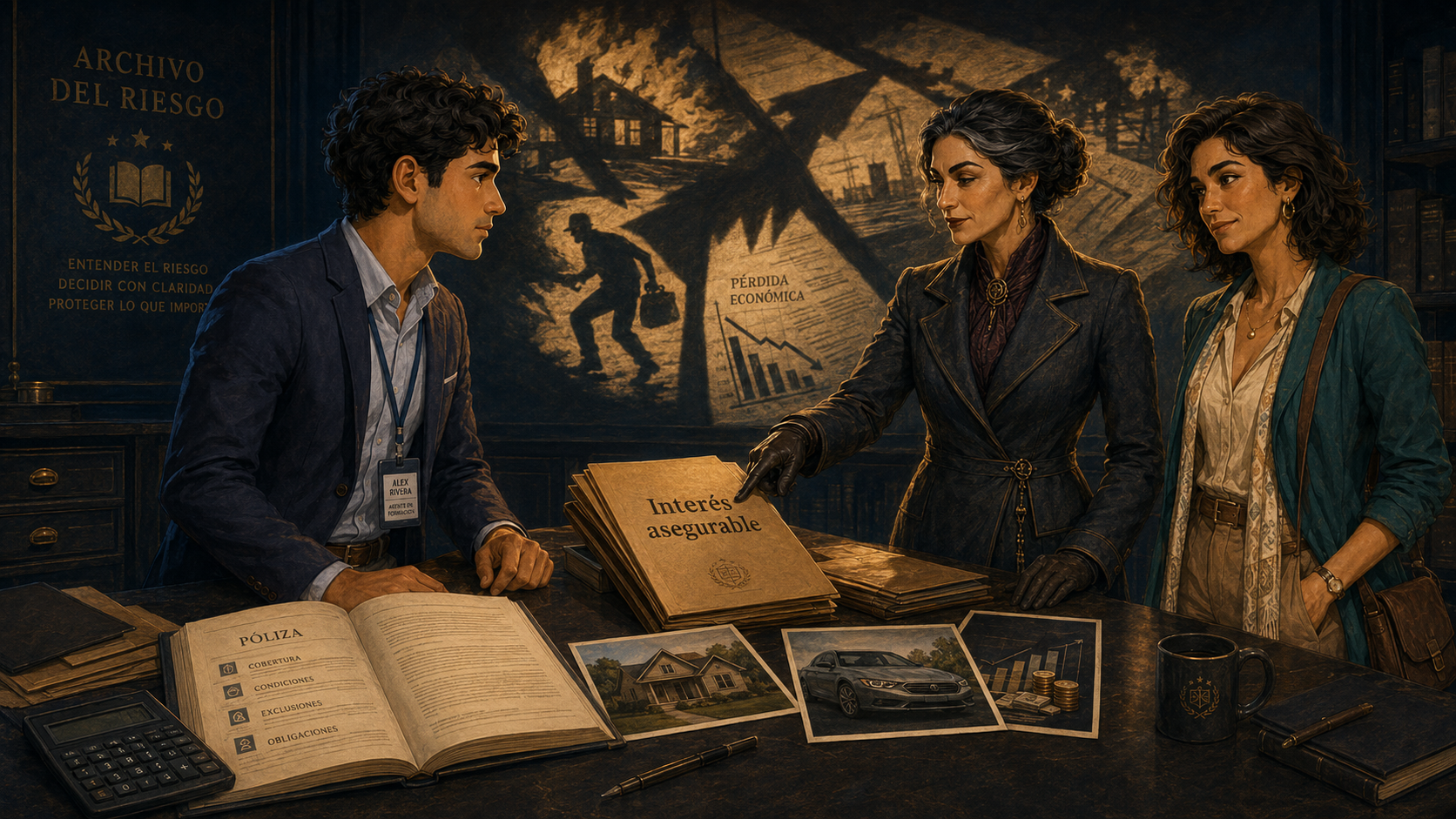 Alex, Luna y La Ajustadora revisan un expediente de riesgo asegurable en el Archivo del Riesgo