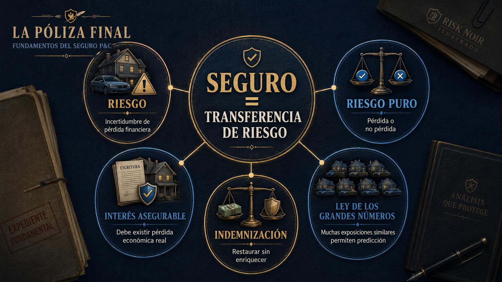 Infografía de fundamentos del seguro P&C: transferencia de riesgo, riesgo puro, interés asegurable, indemnización y ley de los grandes números