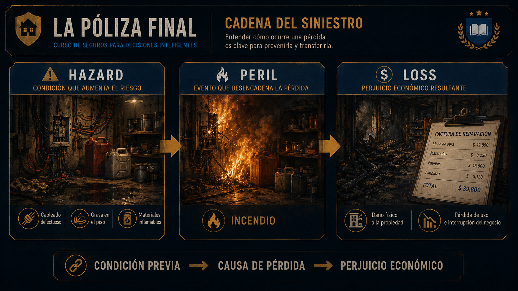Infografía de la cadena del siniestro: hazard, peril y loss