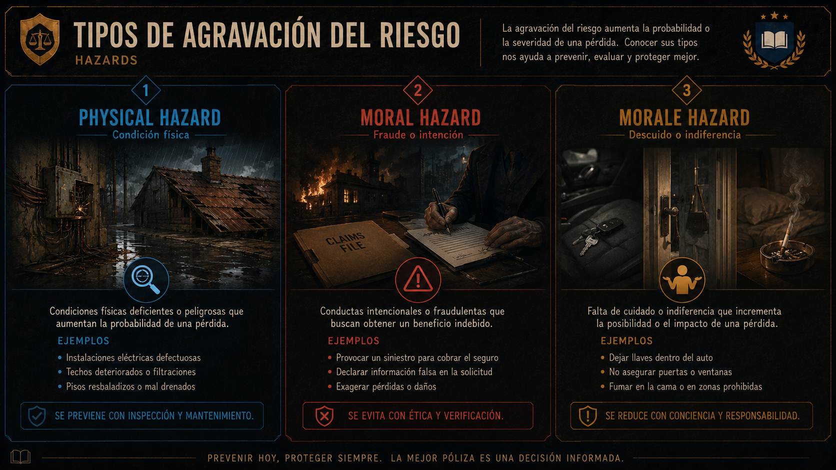 Infografía comparativa de physical hazard, moral hazard y morale hazard