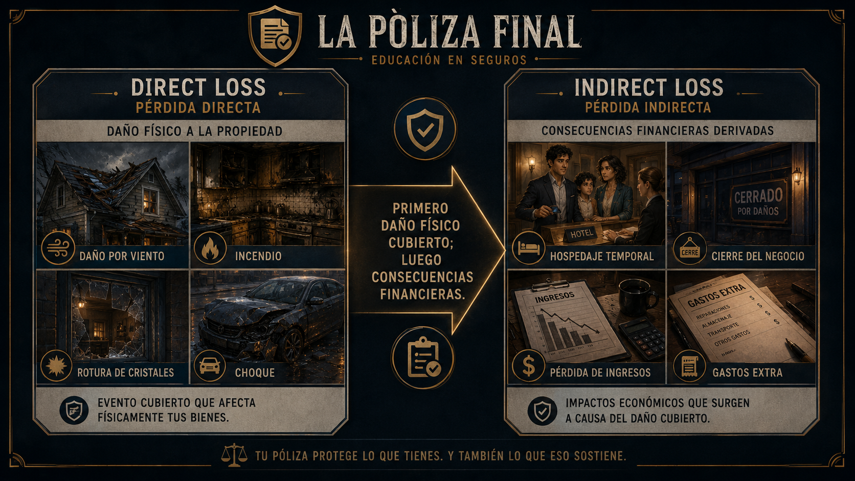Infografía de pérdida directa e indirecta en seguros de propiedad