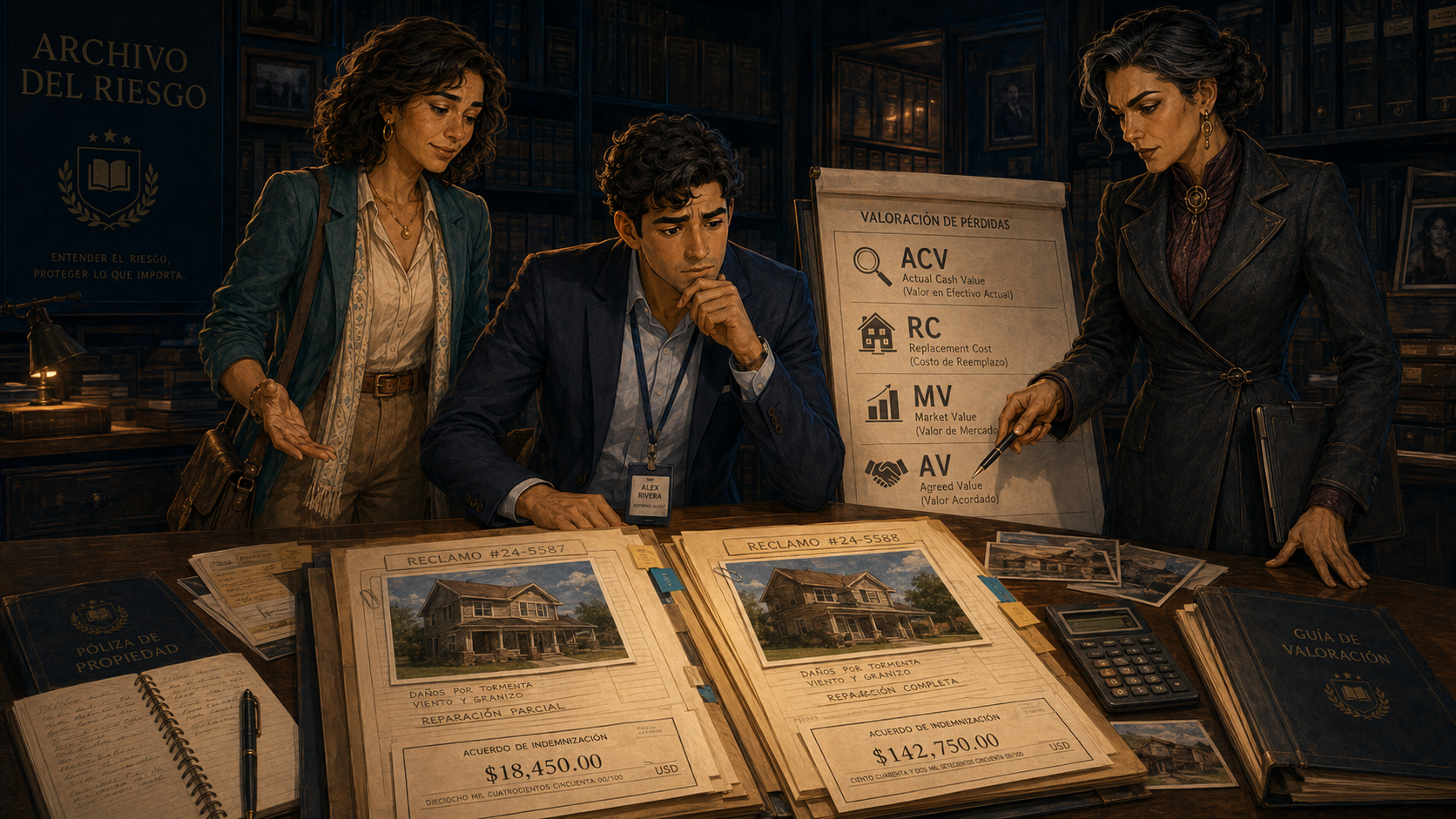 Luna le muestra a Alex dos expedientes con daños parecidos pero métodos de valoración distintos