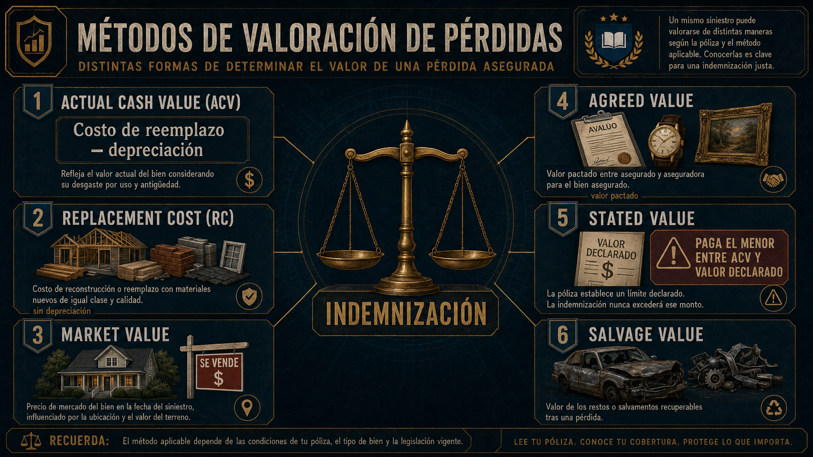 Infografía de métodos de valoración de pérdidas: ACV, RC, Market Value, Agreed Value, Stated Value y Salvage Value