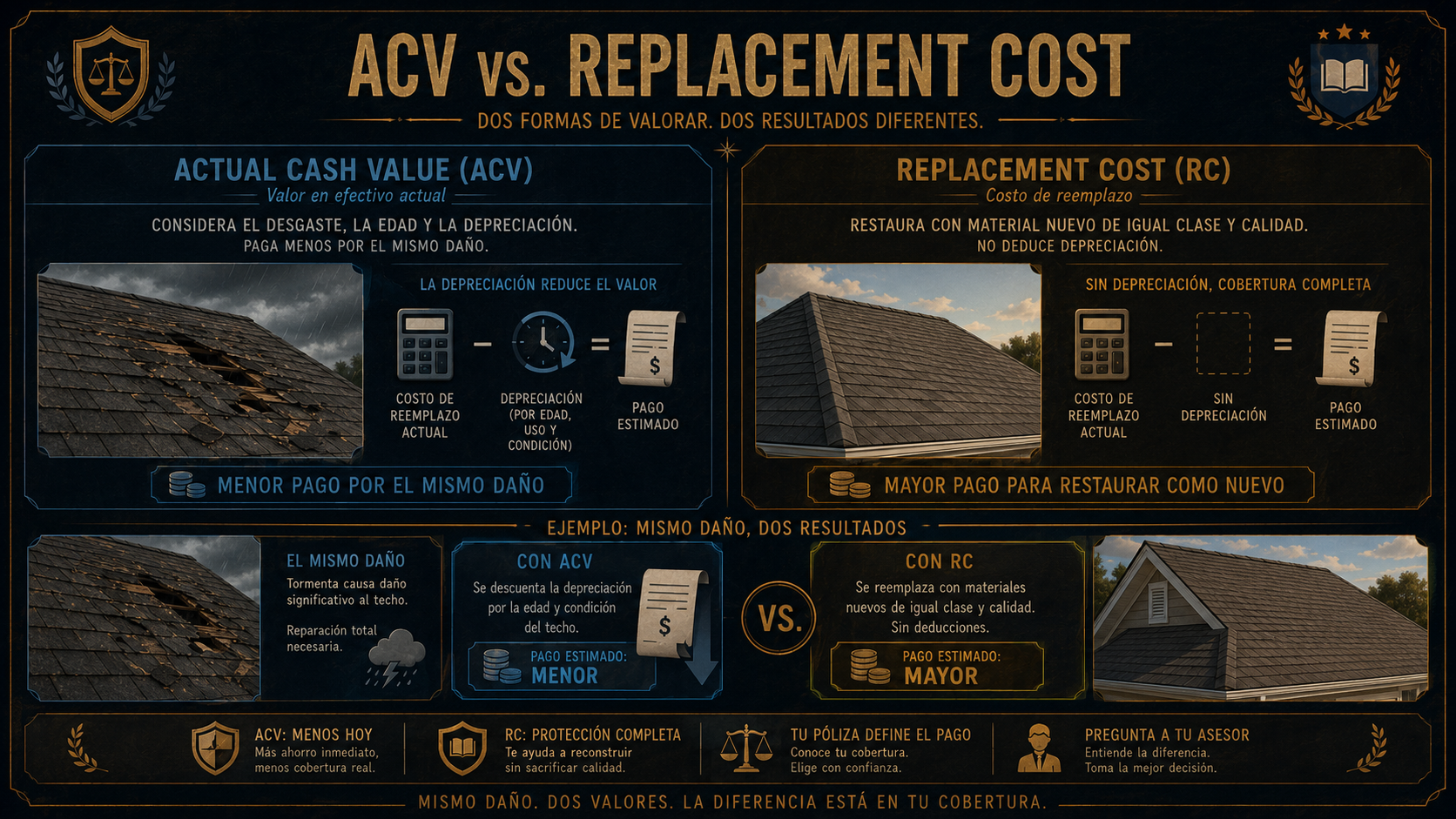 Infografía comparativa de Actual Cash Value y Replacement Cost