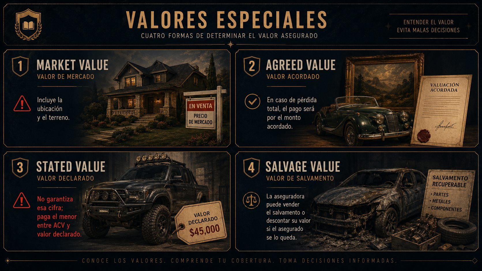 Infografía de Market Value, Agreed Value, Stated Value y Salvage Value