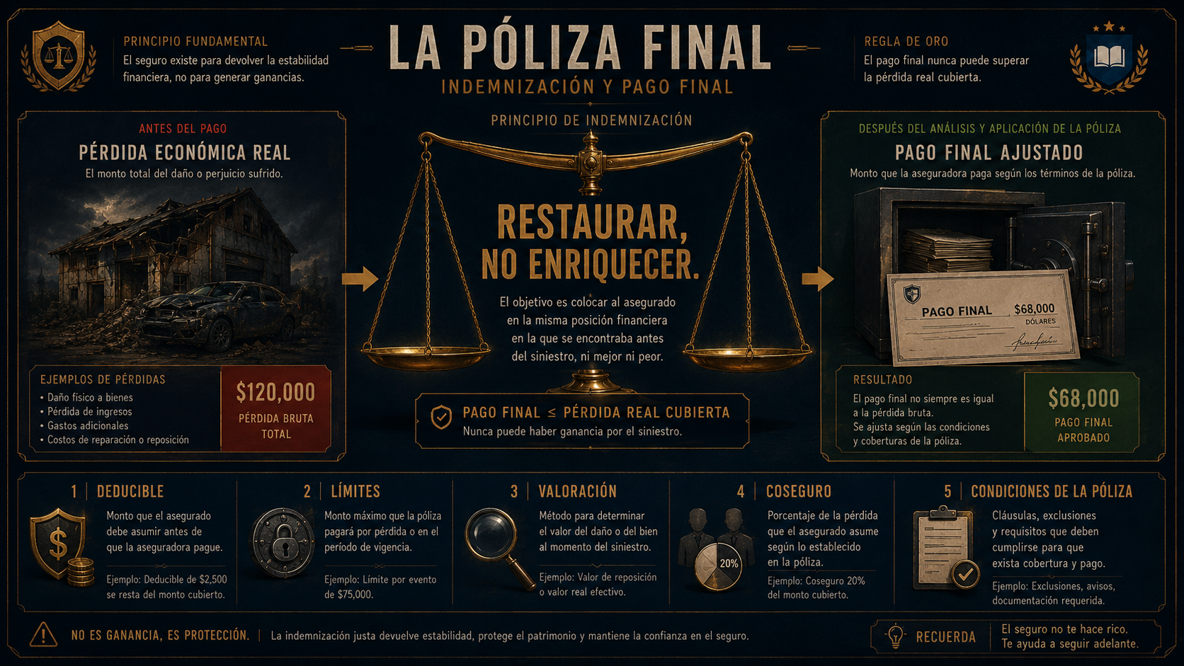 Infografía de la ruta de pago de reclamación: pérdida cubierta, valoración, deducible, límite, coseguro y pago final