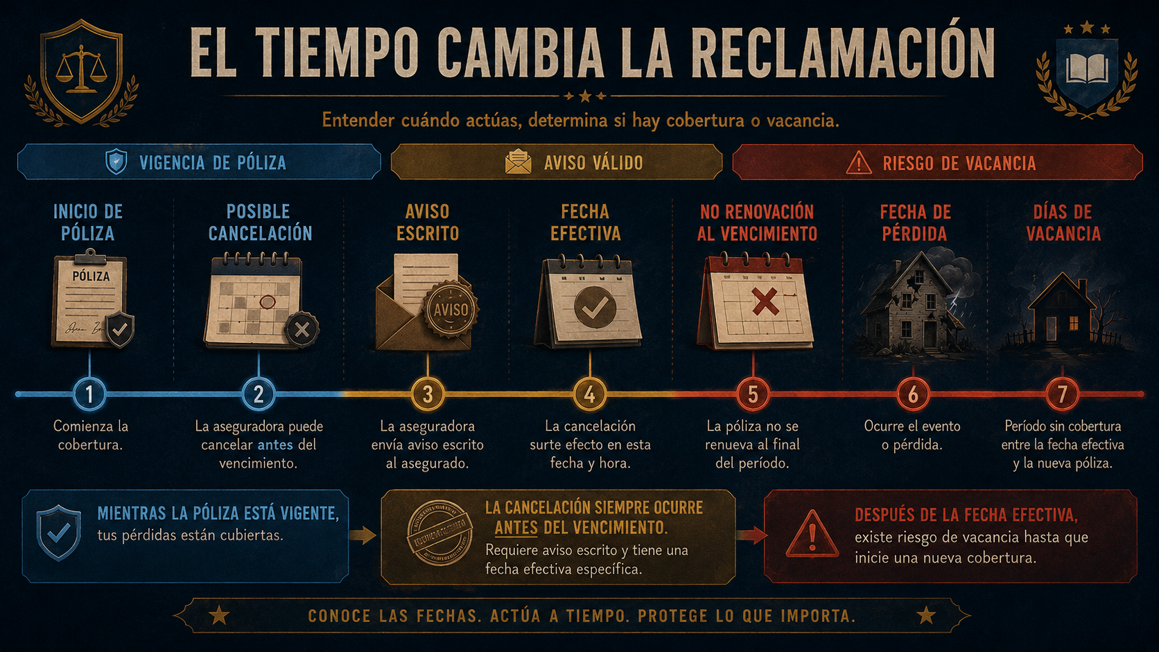 Infografía de línea de tiempo: inicio de póliza, cancelación, no renovación, fecha de pérdida y días de vacancia