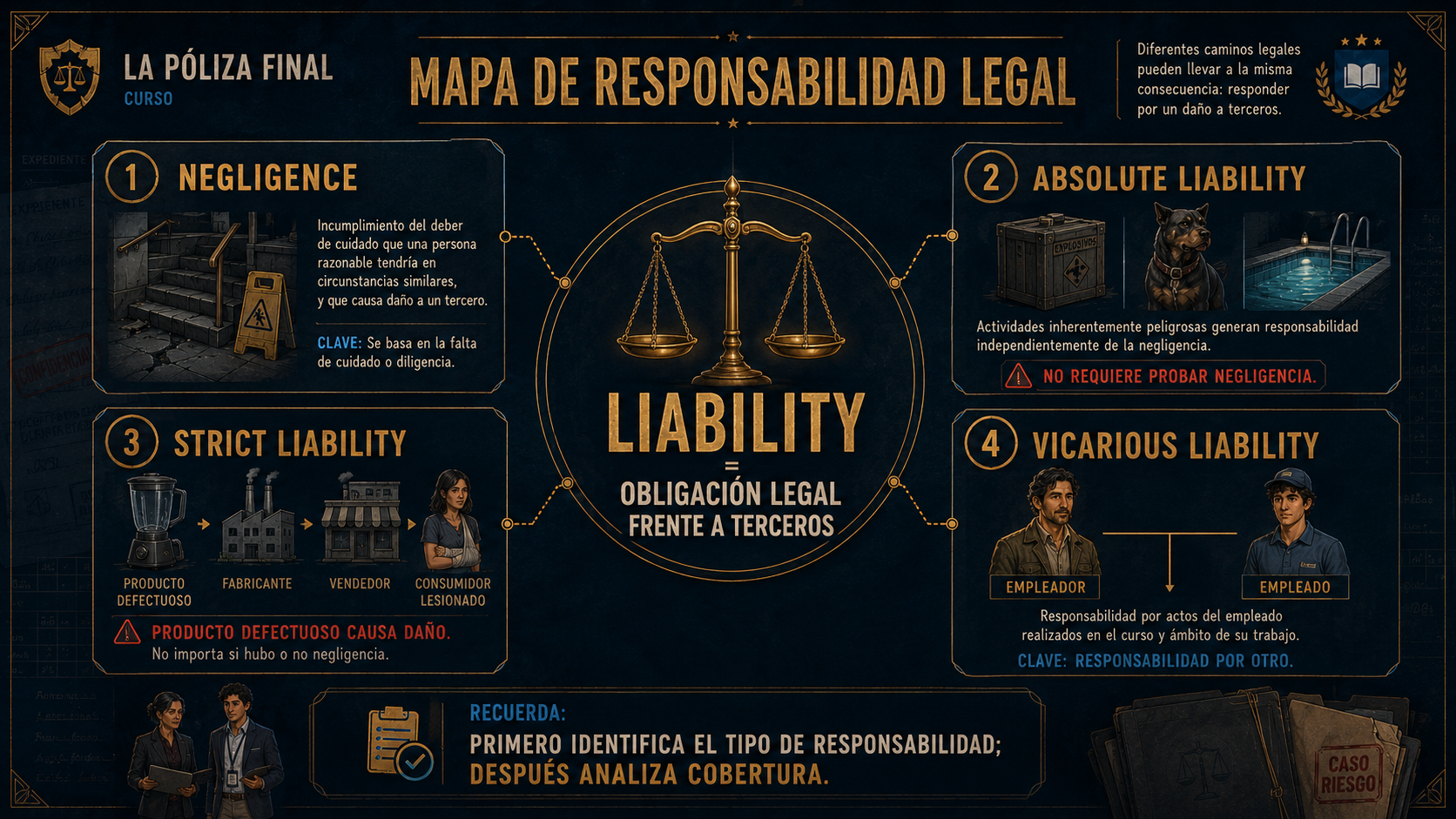 Infografía de mapa de responsabilidad legal: negligence, absolute liability, strict liability y vicarious liability