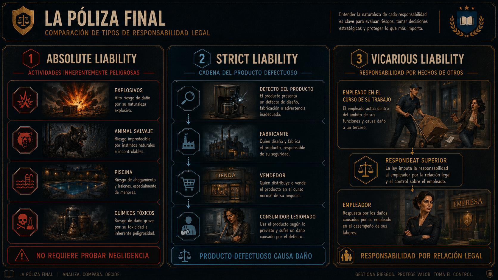 Infografía comparativa de absolute liability, strict liability y vicarious liability