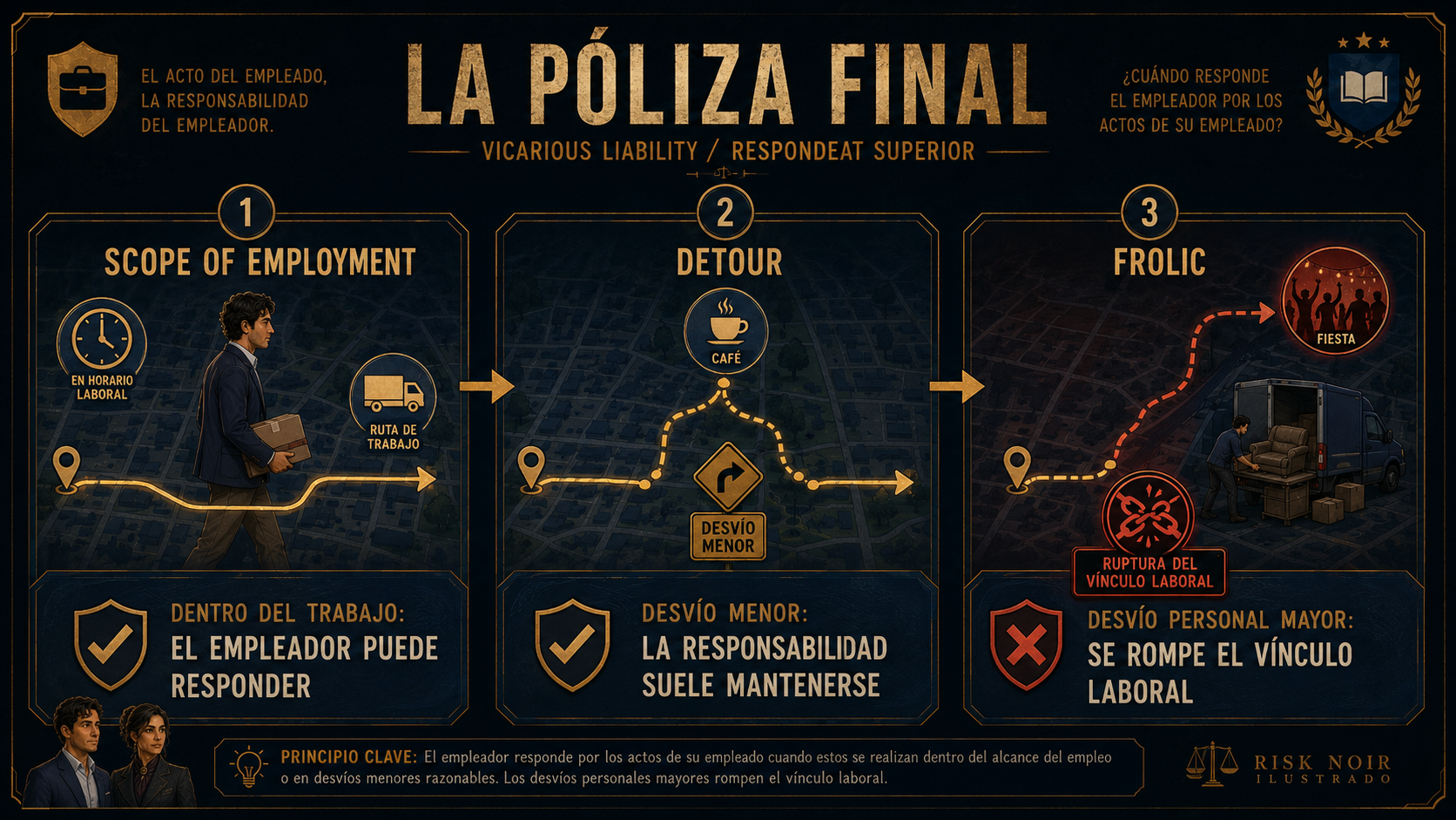 Infografía de vicarious liability: scope of employment, detour y frolic