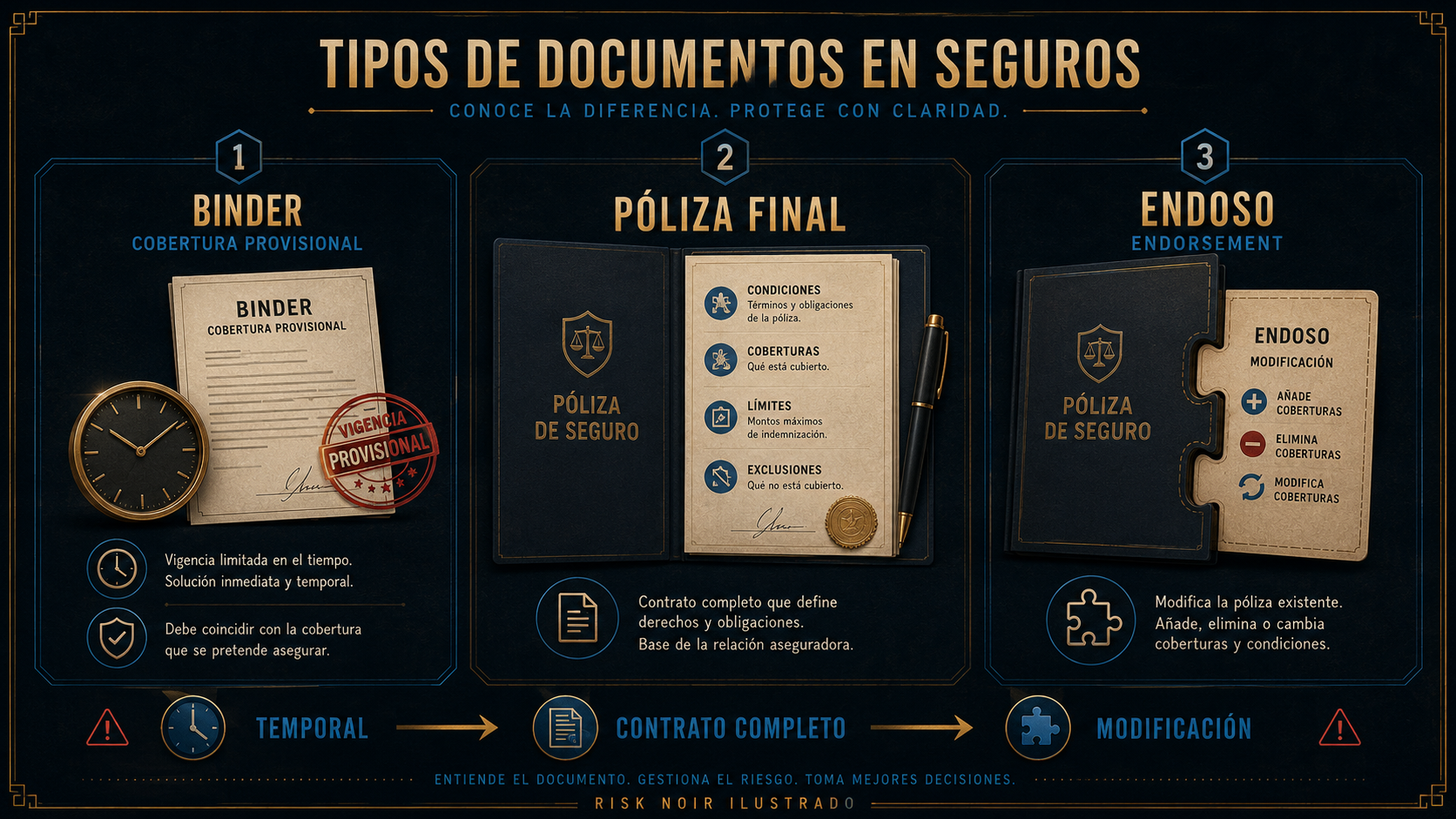 Infografía comparativa de binder, póliza final y endoso