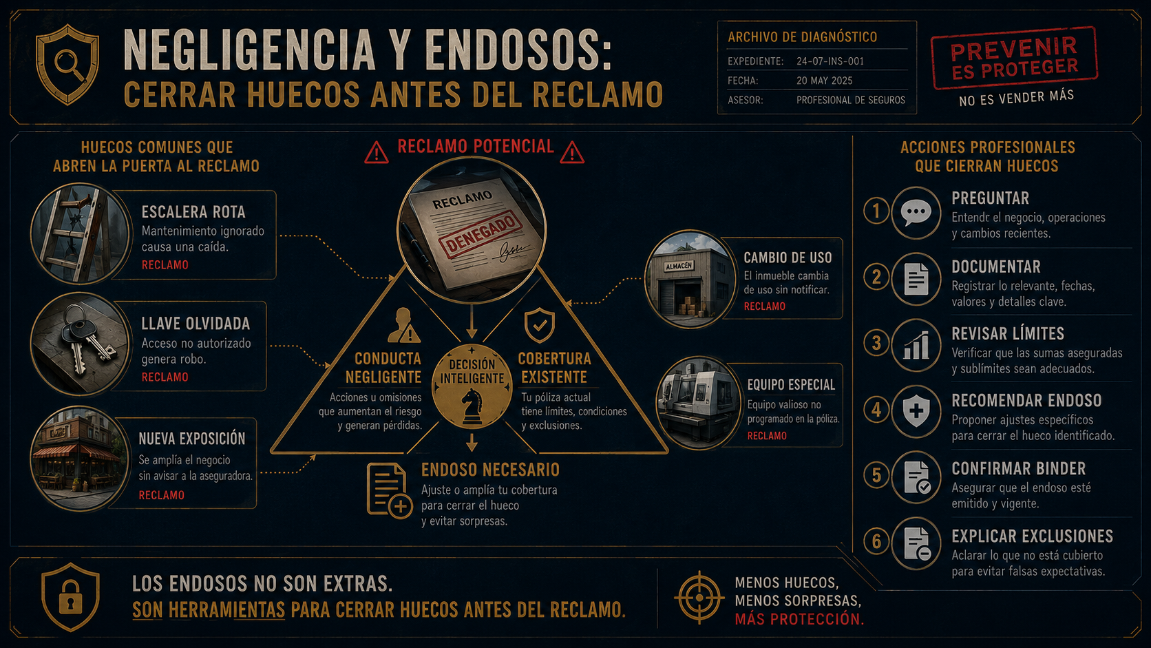 Infografía de negligencia y endosos para cerrar huecos antes del reclamo