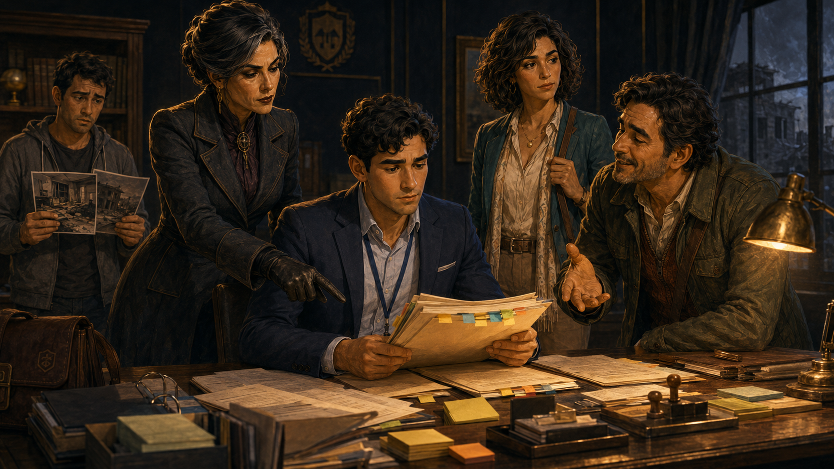 Alex Rivera revisa provisiones de una póliza con La Ajustadora, Luna, Víctor Sombra y un cliente preocupado