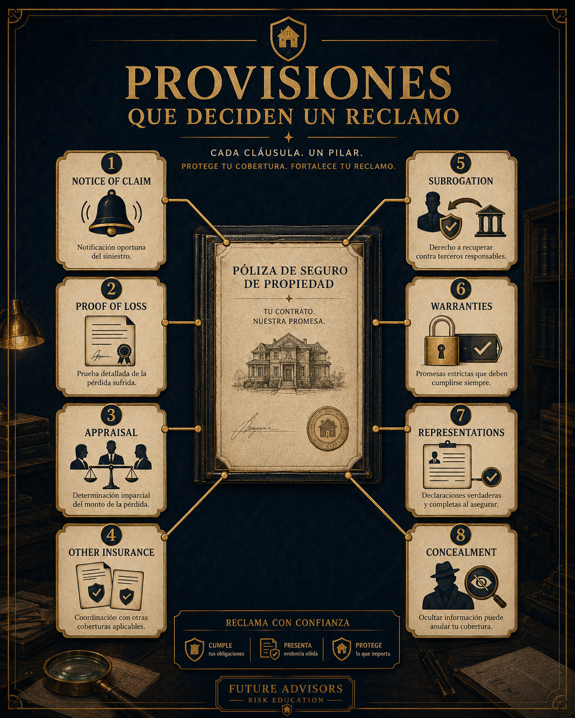 Infografía de provisiones que deciden un reclamo: Notice of Claim, Proof of Loss, Appraisal, Other Insurance, Subrogation, Warranties, Representations y Concealment