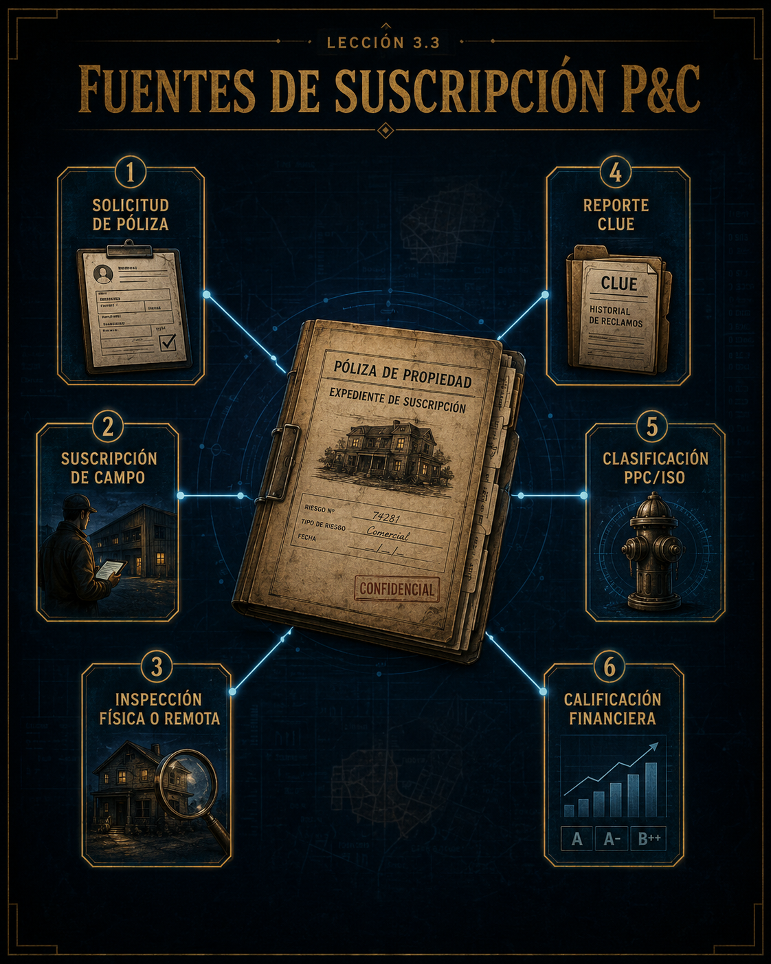 Infografía de fuentes de suscripción P&C: solicitud, field underwriting, inspección, CLUE, PPC ISO y agencias de calificación