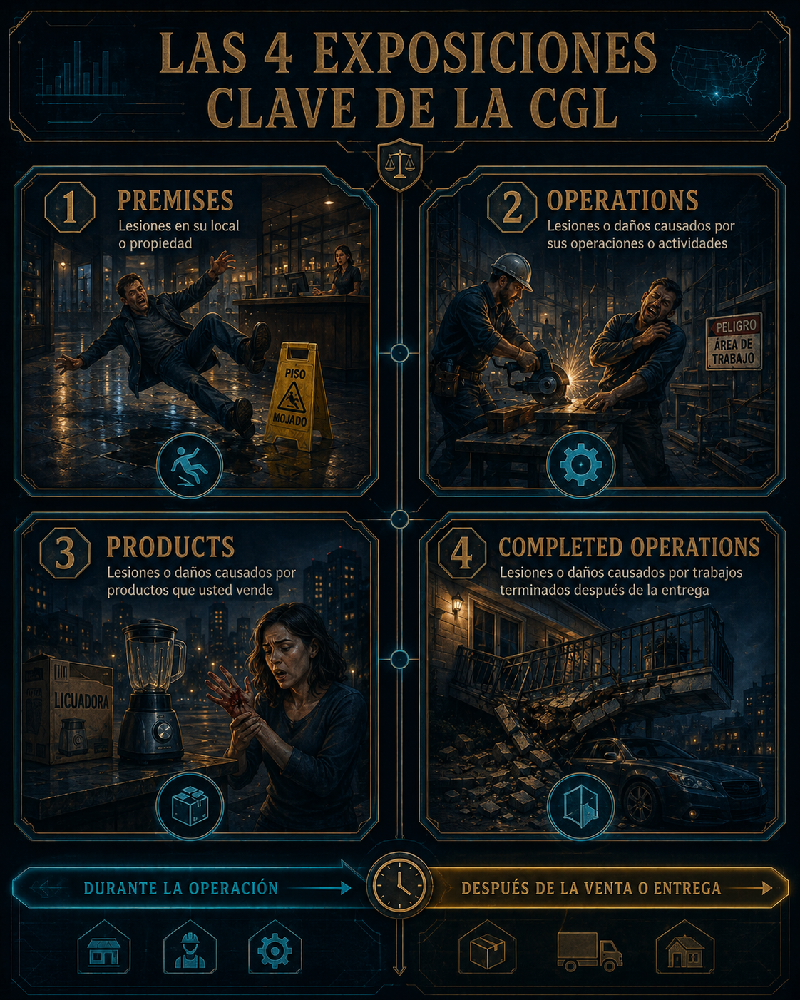 Infografía de las cuatro exposiciones clave de la CGL: premises, operations, products y completed operations
