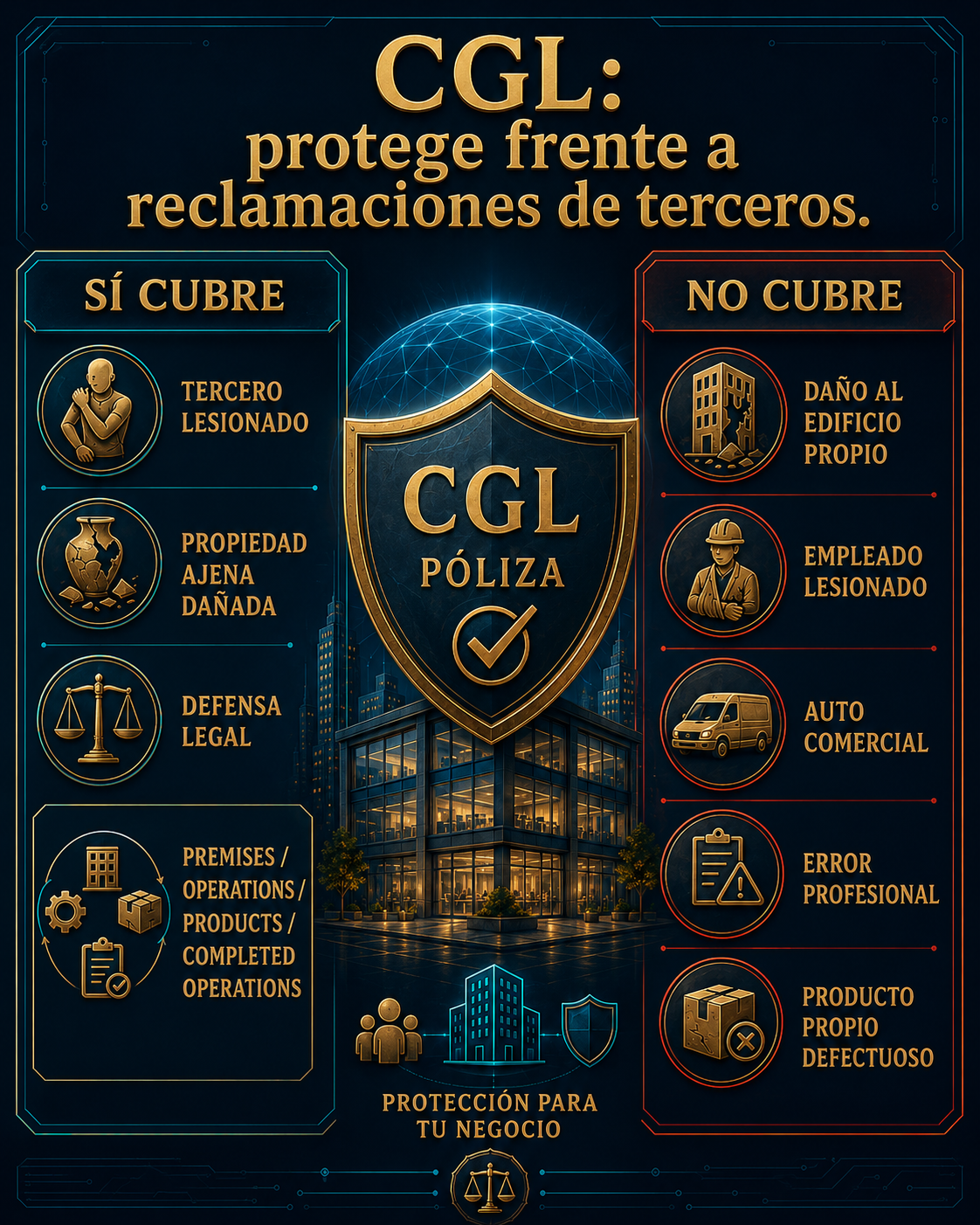Infografía sobre qué cubre y qué no cubre la póliza CGL