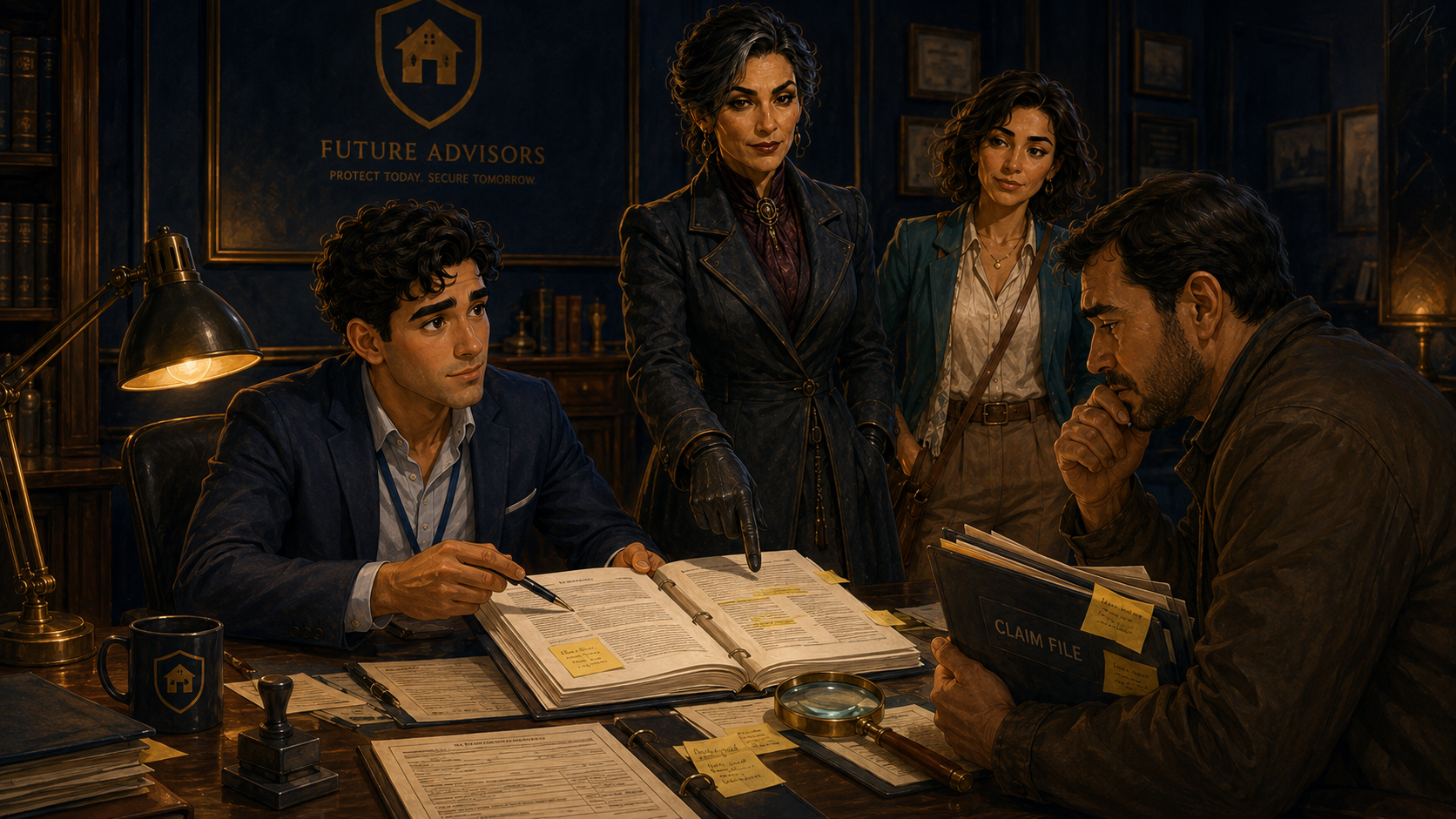 Alex Rivera revisa una póliza de propiedad con un cliente, Luna y La Ajustadora en una escena de derecho contractual