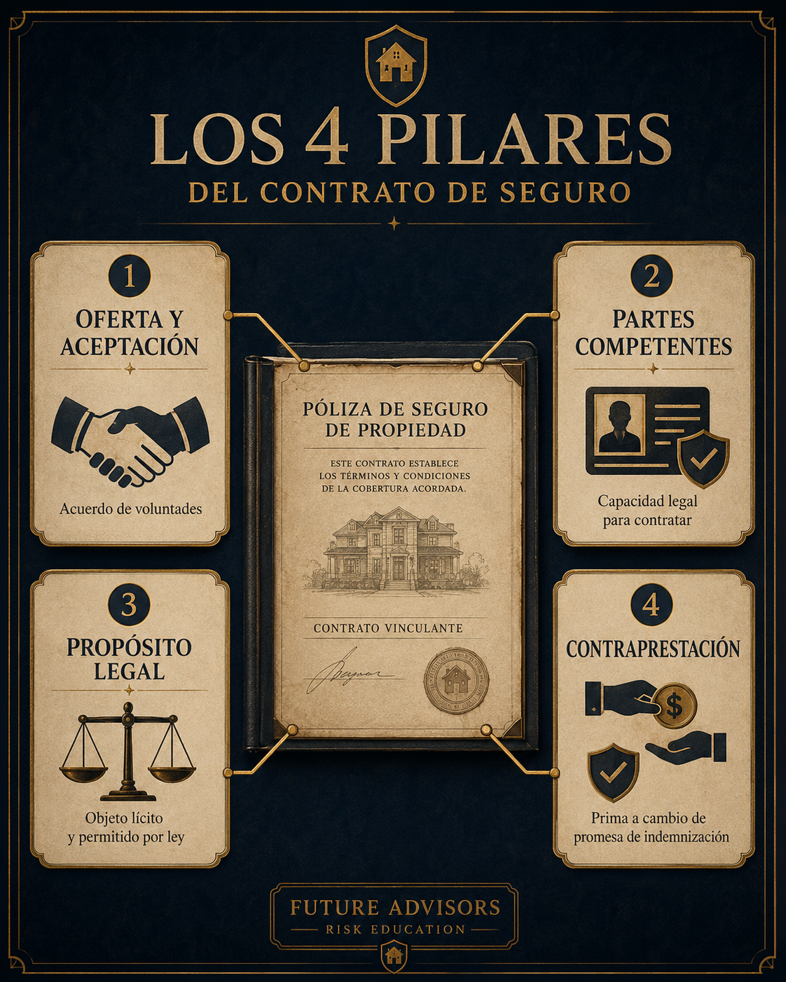 Infografía de los cuatro pilares del contrato de seguro
