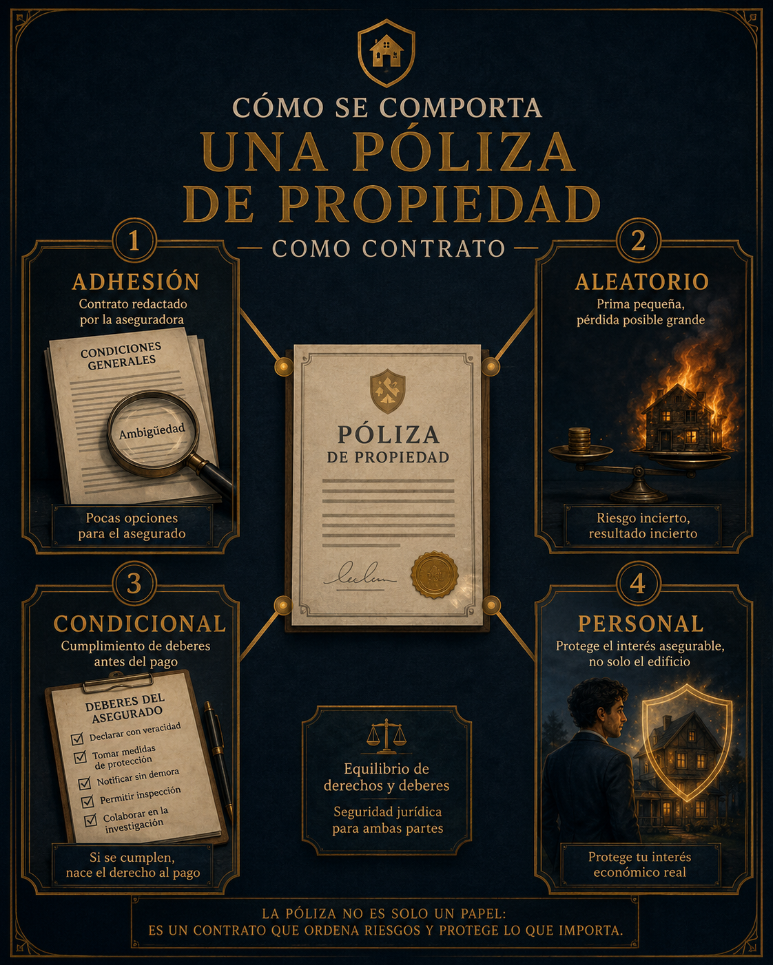 Infografía de los rasgos del contrato de seguro: adhesión, aleatorio, condicional y personal