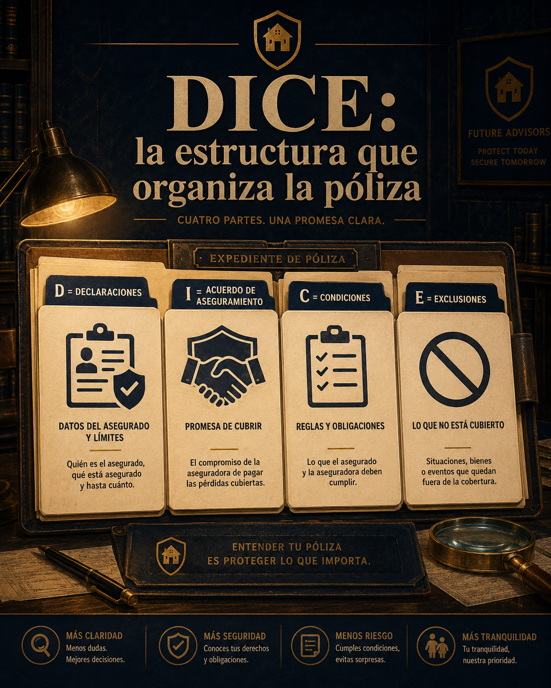 Infografía DICE con declaraciones, acuerdo de aseguramiento, condiciones y exclusiones