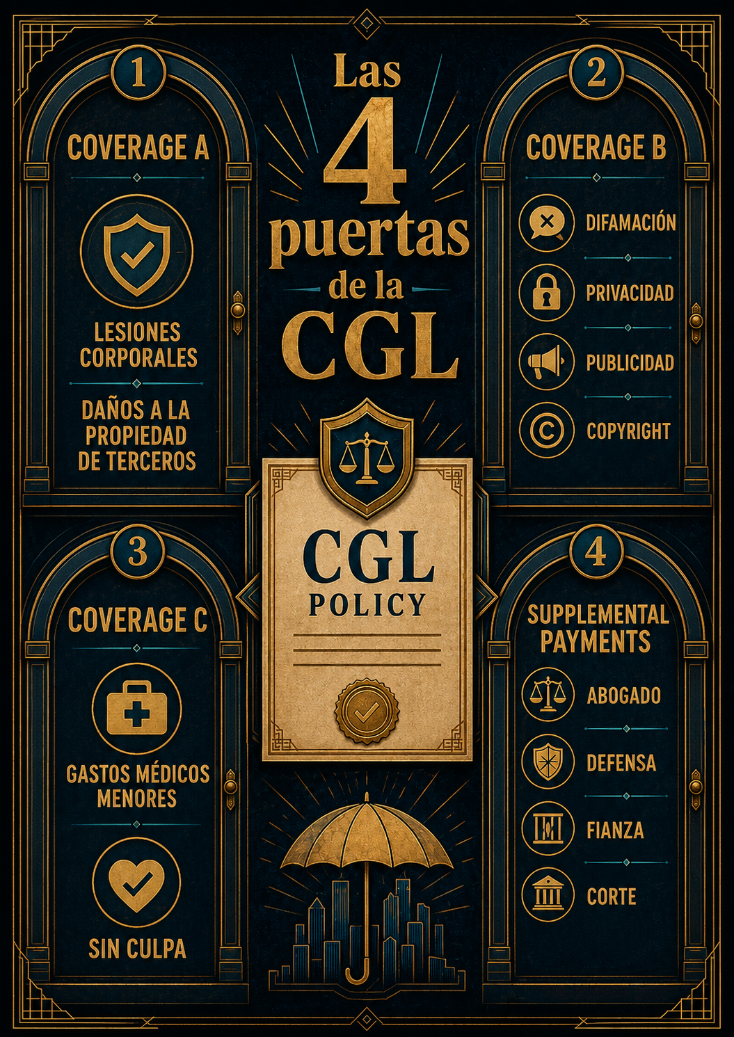Infografía de las cuatro puertas de cobertura de la CGL: Coverage A, Coverage B, Coverage C y Supplemental Payments