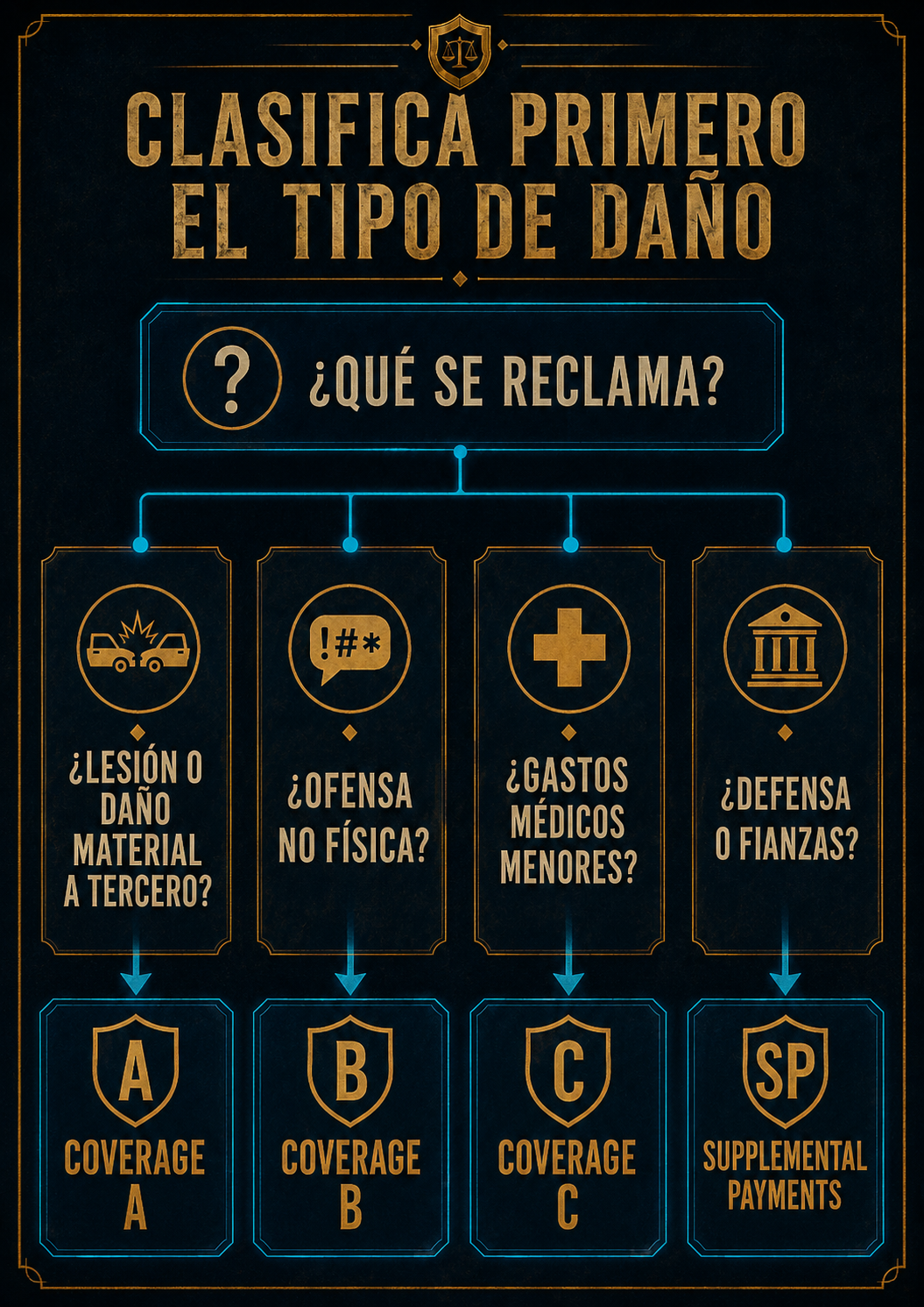 Infografía para clasificar el tipo de daño en Coverage A, Coverage B, Coverage C o Supplemental Payments