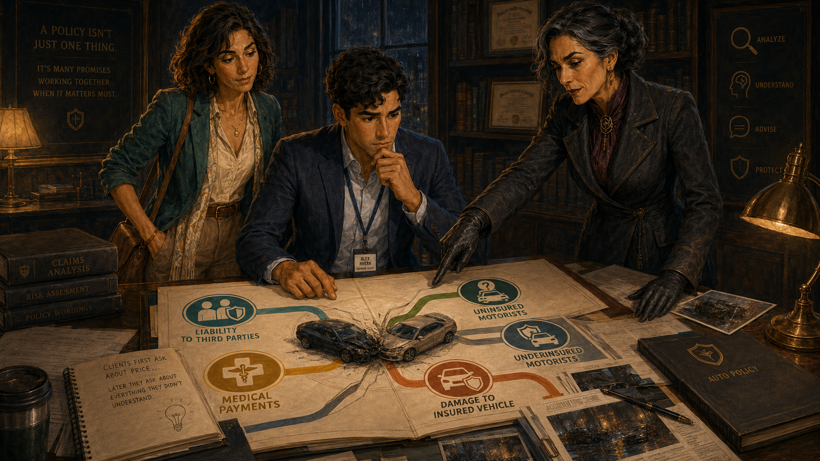Alex, Luna y La Ajustadora revisan coberturas de auto en el expediente