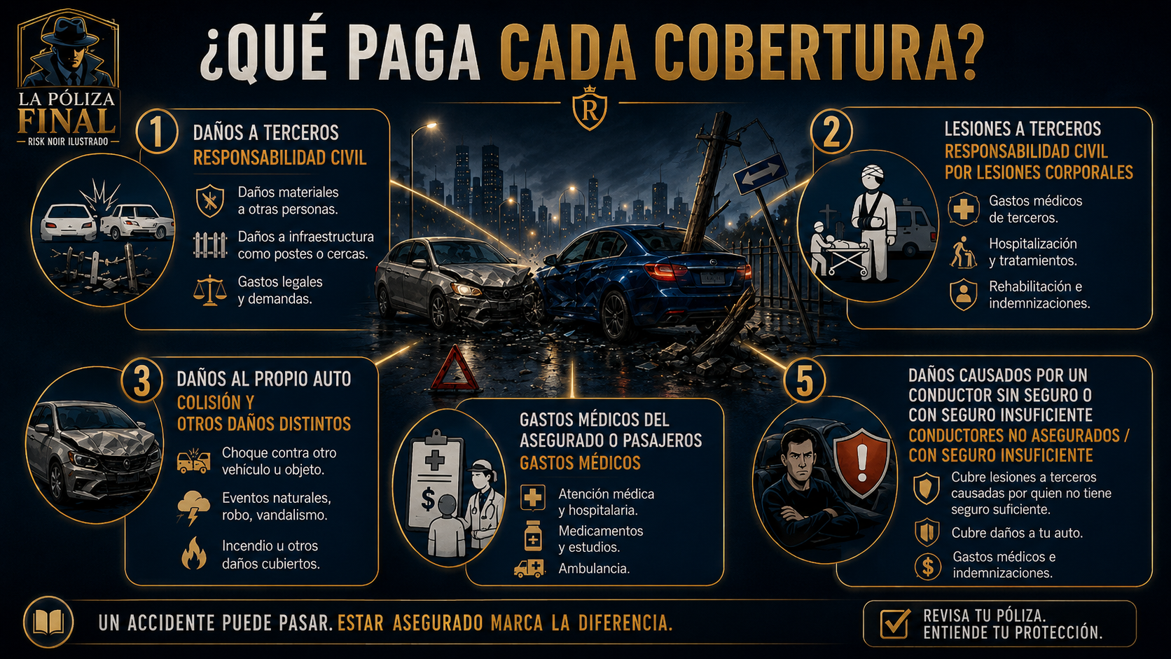 Infografía sobre qué cobertura paga cada consecuencia del accidente