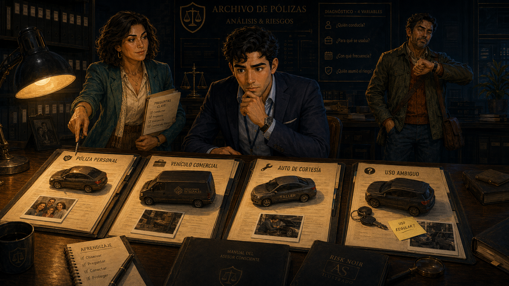 Alex analiza varios expedientes de vehículos con Luna y Víctor en el Archivo del Riesgo