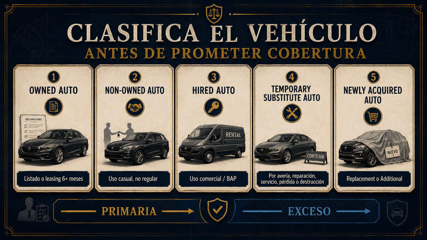 Infografía de clasificación de vehículos: owned, non-owned, hired, temporary substitute y newly acquired