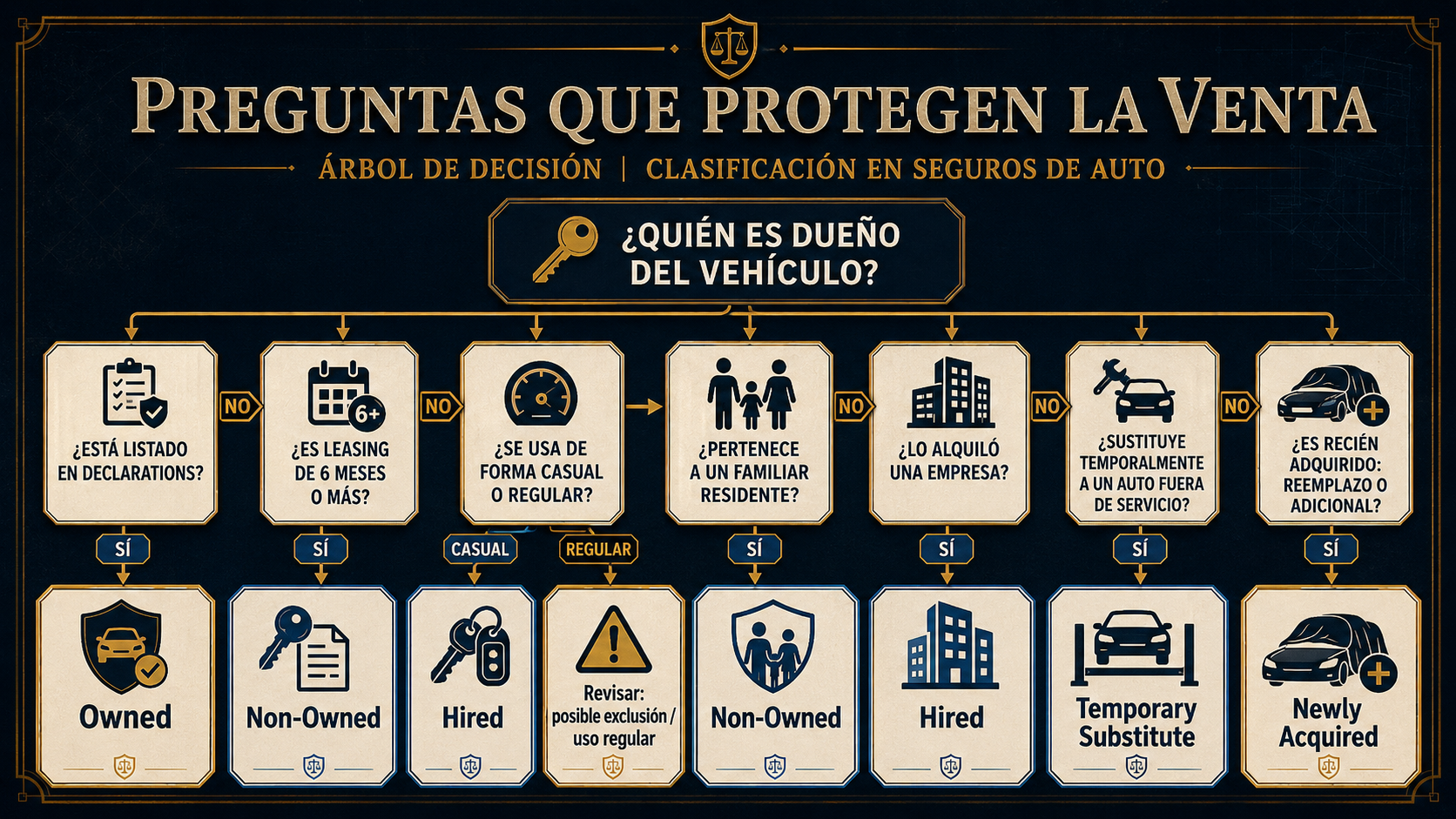 Infografía de árbol de decisión para clasificar vehículos con preguntas de diagnóstico