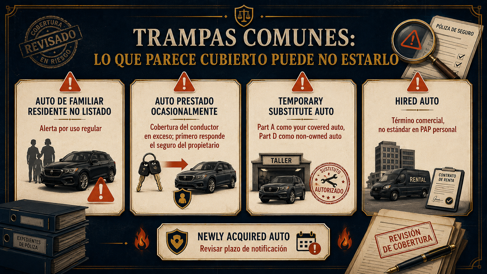 Infografía de trampas comunes de examen y reclamación en tipos de vehículos