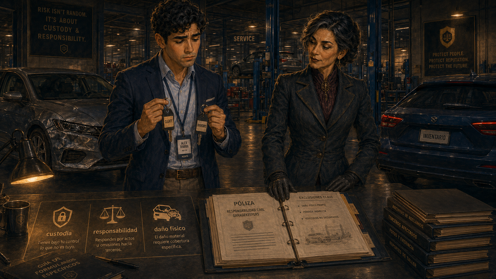Alex Rivera revisando llaves de vehículos de clientes e inventario dentro del área de servicio de un concesionario.