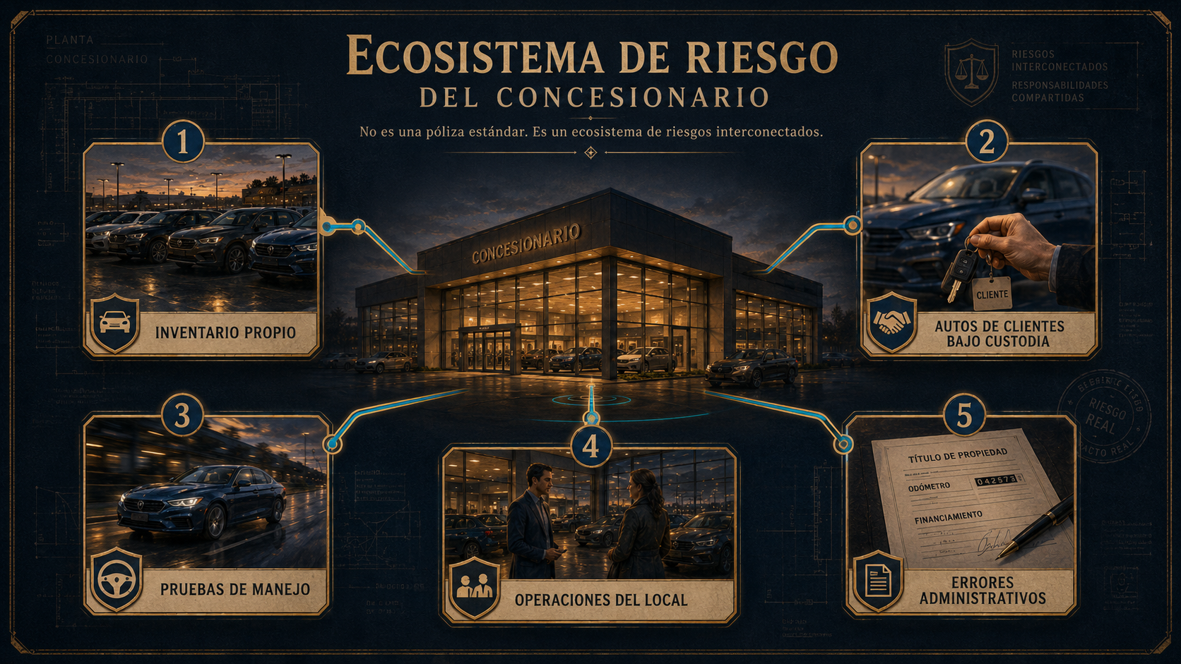 Infografía del ecosistema de riesgo de un concesionario con inventario, autos de clientes, pruebas de manejo, operaciones del local y errores administrativos.