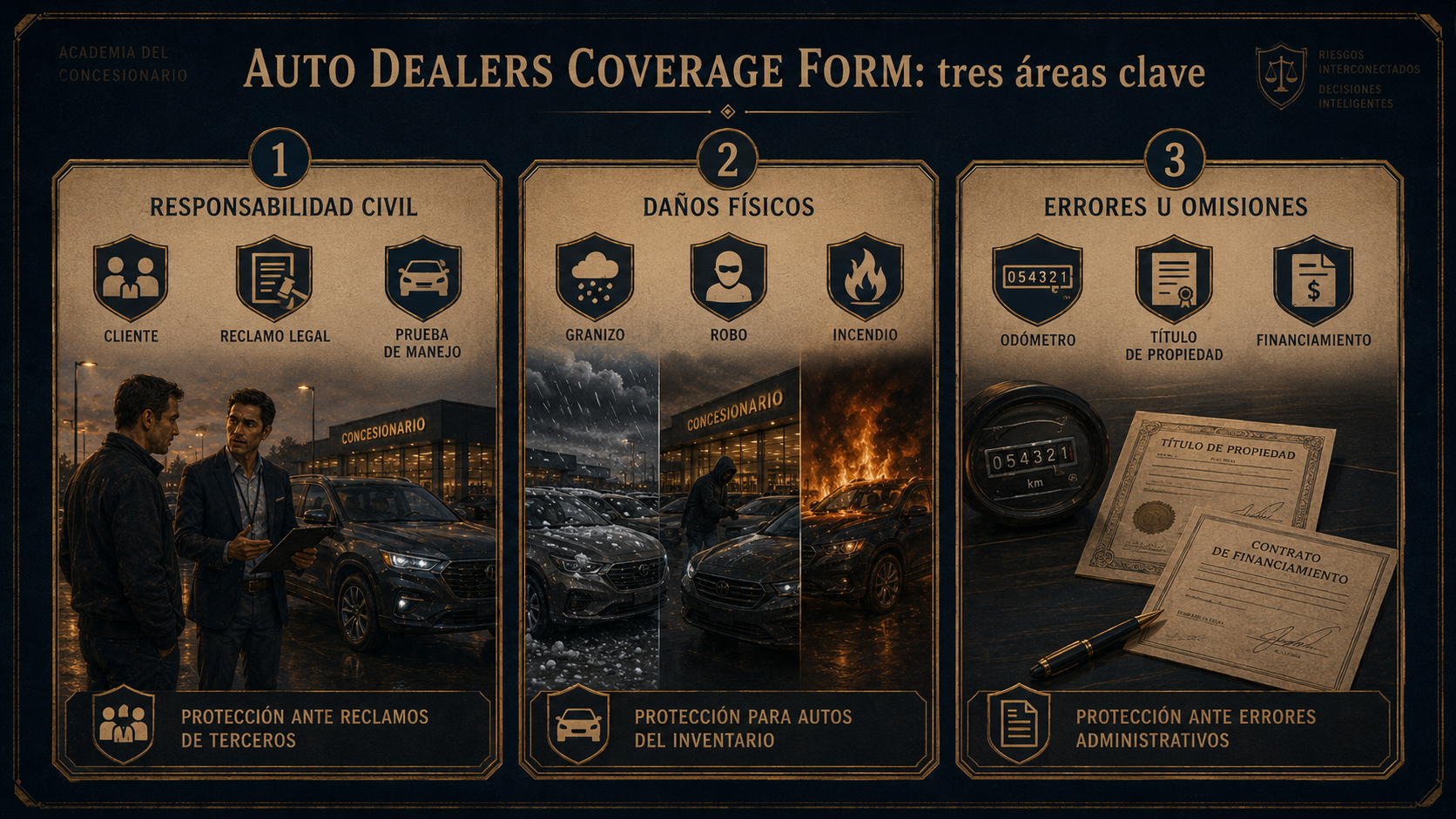 Infografía de tres áreas del Auto Dealers Coverage Form: responsabilidad civil, daños físicos y errores u omisiones.